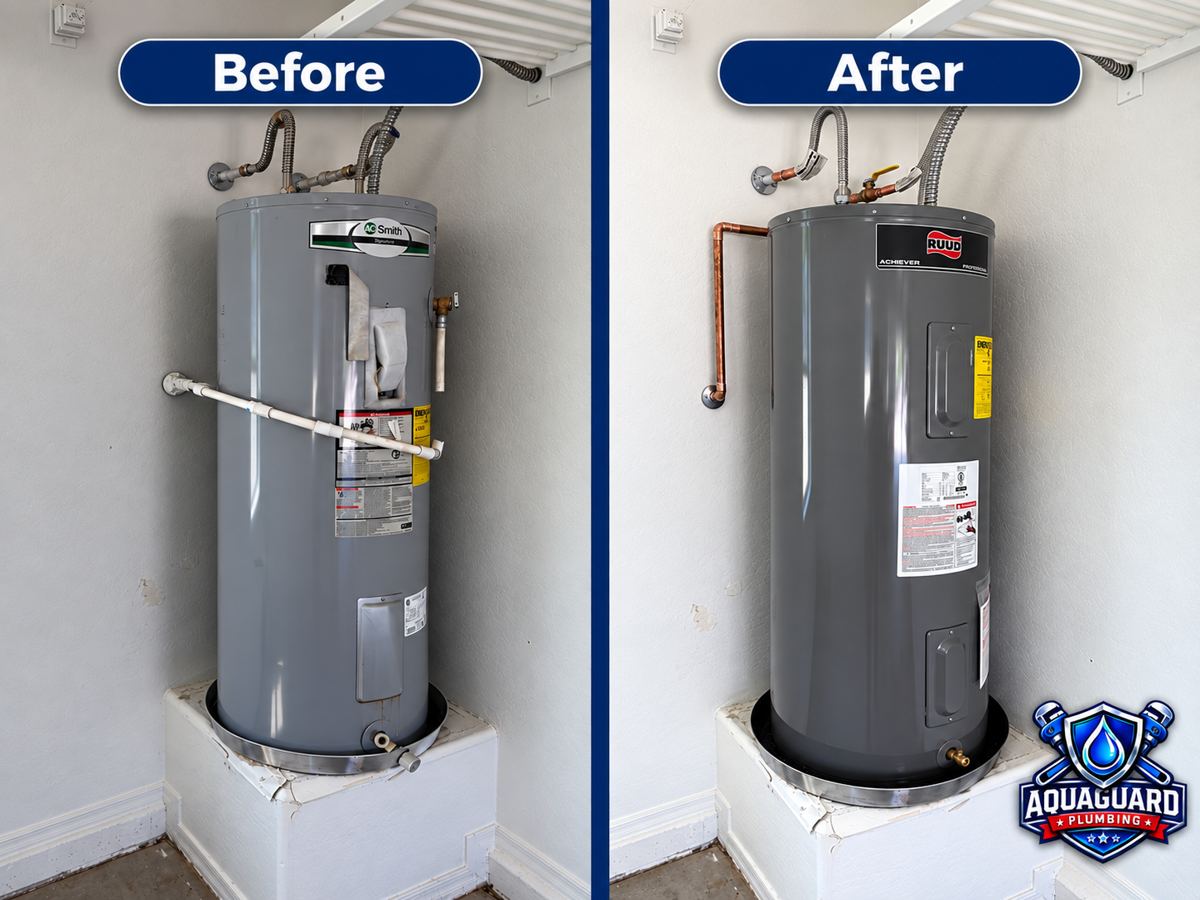 Electric water heater replaced on its stand